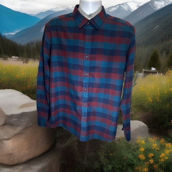 UNTUCKit Button Up Long Sleeve Flannel Plaid Shirt Red Blue Men’s L  Ski Cabin - Picture 1 of 16